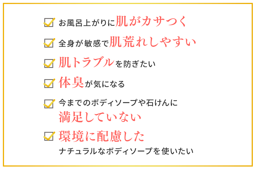 お風呂上がりに肌がカサつく　全身が敏感で肌荒れしやすい　肌トラブルを防ぎたい　体臭が気になる　今までのボディソープや石けんに満足していない　環境に配慮したナチュラルなボディソープを使いたい