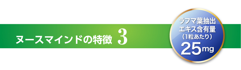 ヌースマインドの特徴3 ラフマ葉抽出エキス含有量（1粒あたり）25mg