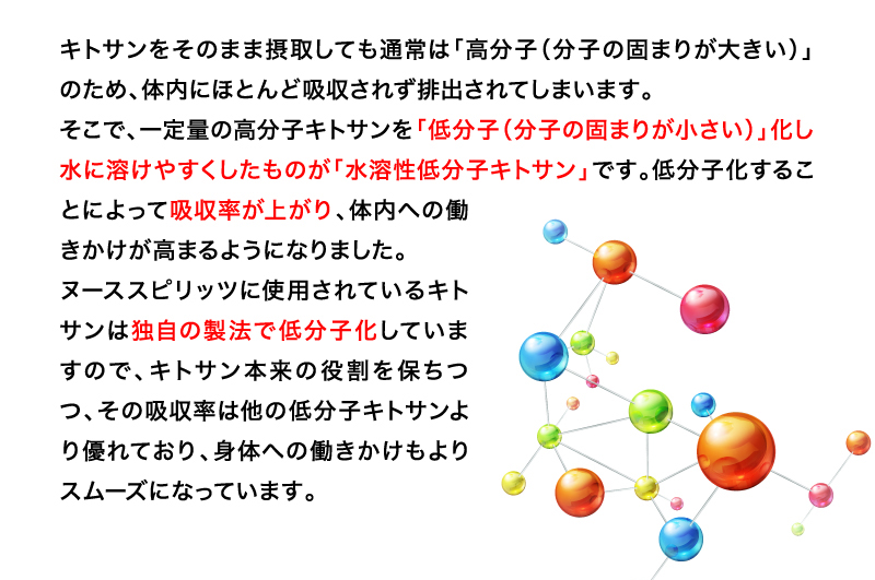 キトサンをそのまま摂取しても通常は「高分子（分子の固まりが大きい）」のため、体内にほとんど吸収されず排出されてしまいます。そこで、一定量の高分子キトサンを「低分子（分子の固まりが小さい）」化し水に溶けやすくしたものが「水溶性低分子キトサン」です。低分子化することによって吸収率が上がり、体内への働きかけが高まるようになりました。ヌーススピリッツに使用されているキトサンは独自の製法で低分子化していますので、キトサン本来の役割を保ちつつ、その吸収率は他の低分子キトサンより優れており、身体への働きかけもよりスムーズになっています。